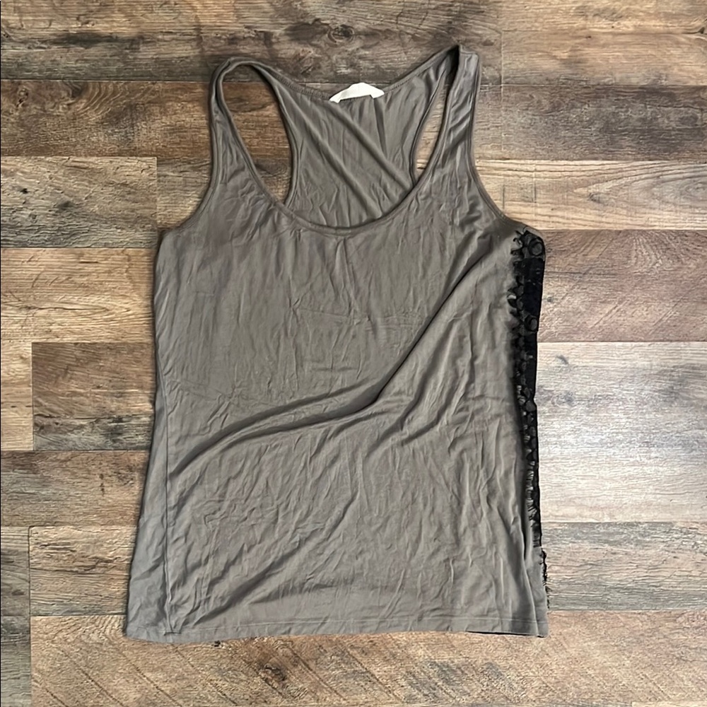 Gray Sleeveless Top with Black Lace Detail
